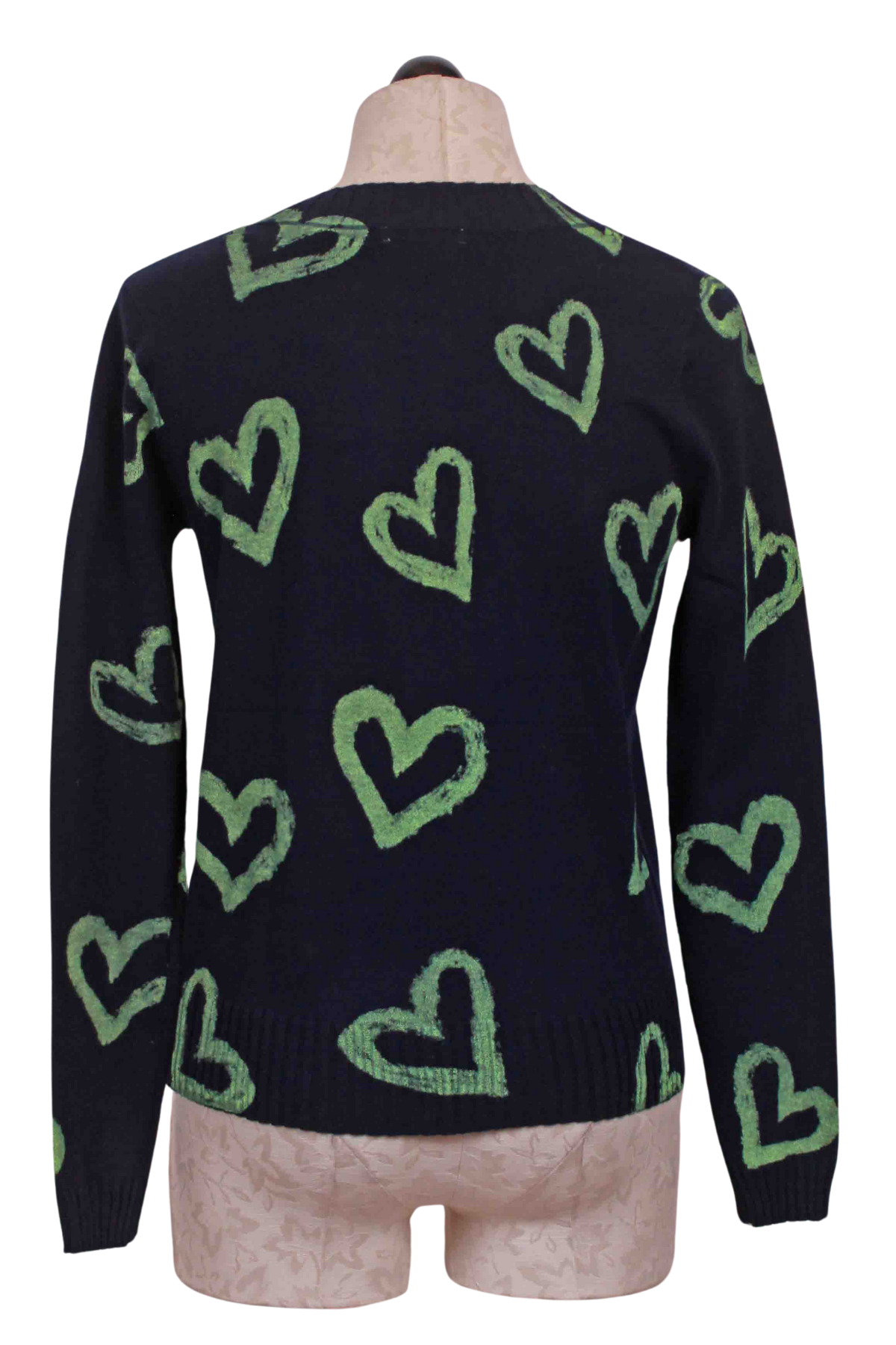 back view of Navy and green Love Zone Sweater by Lisa Todd