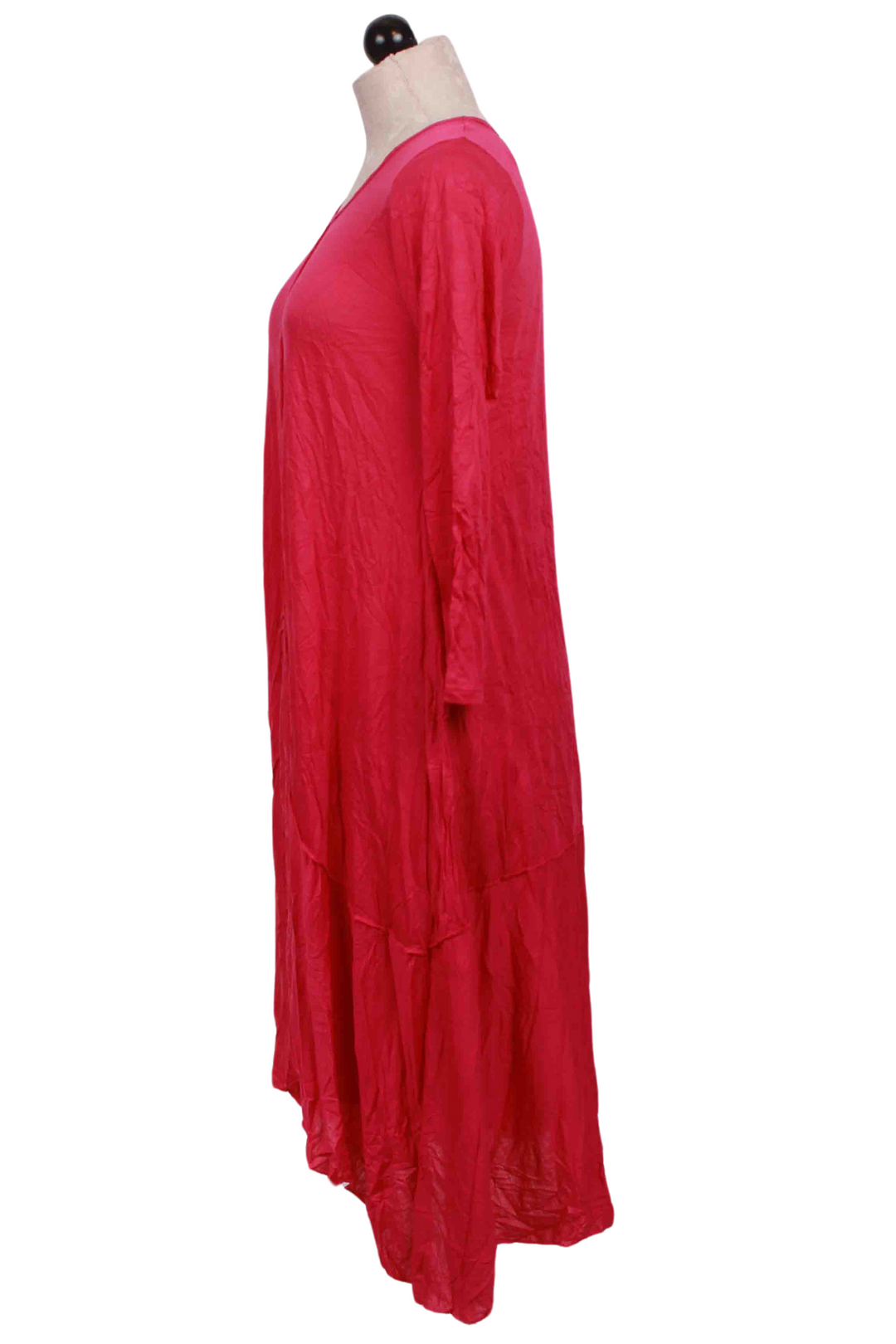 side view of Fuschia Crinkle 3/4 Sleeve Hi Low Dress by Reina Lee