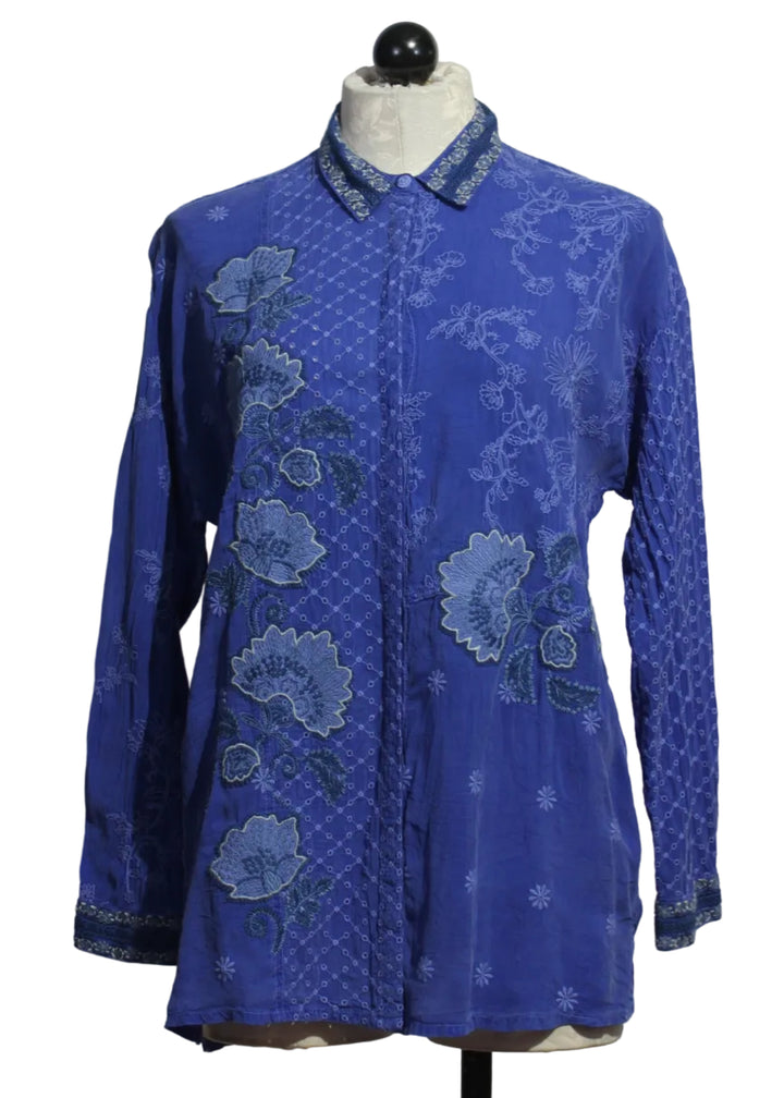 The Slim Audrey Button Down Embroidered Tunic by Johnny Was in Clematis Blue