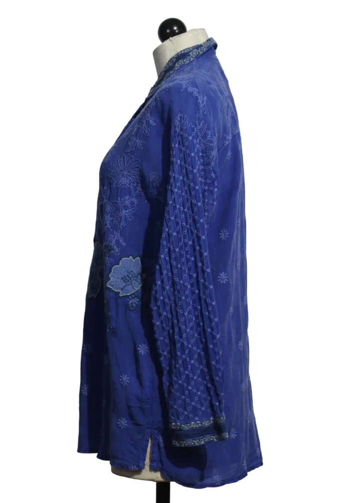 side view of The Slim Audrey Button Down Embroidered Tunic by Johnny Was in Clematis Blue