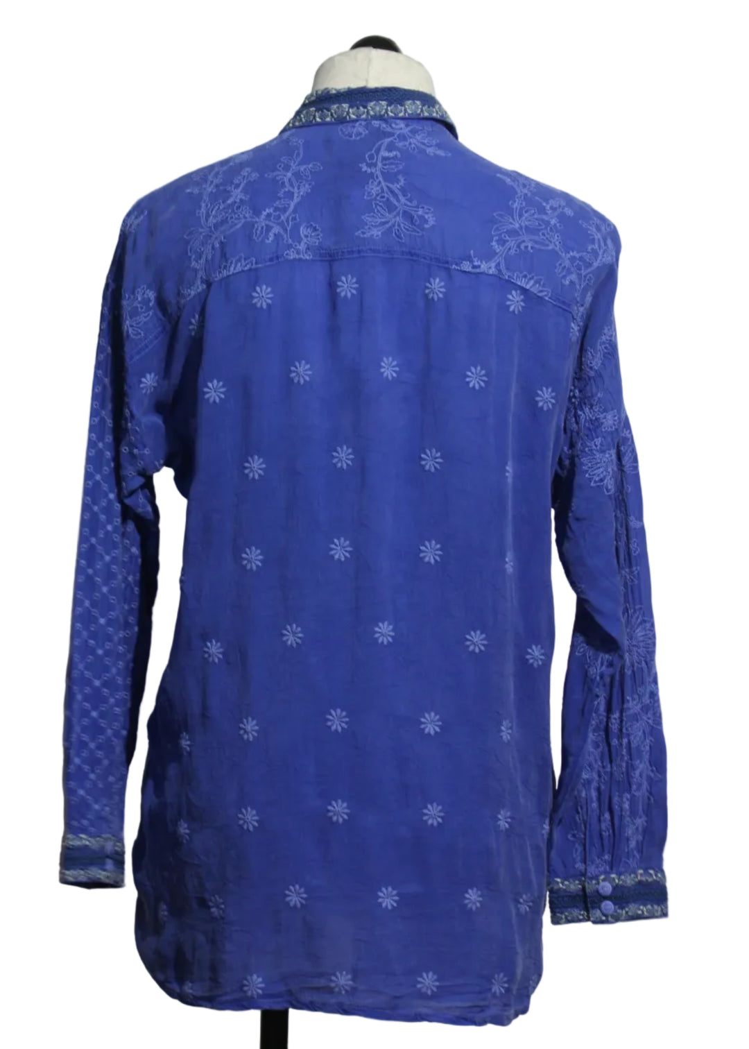 back view of The Slim Audrey Button Down Embroidered Tunic by Johnny Was in Clematis Blue