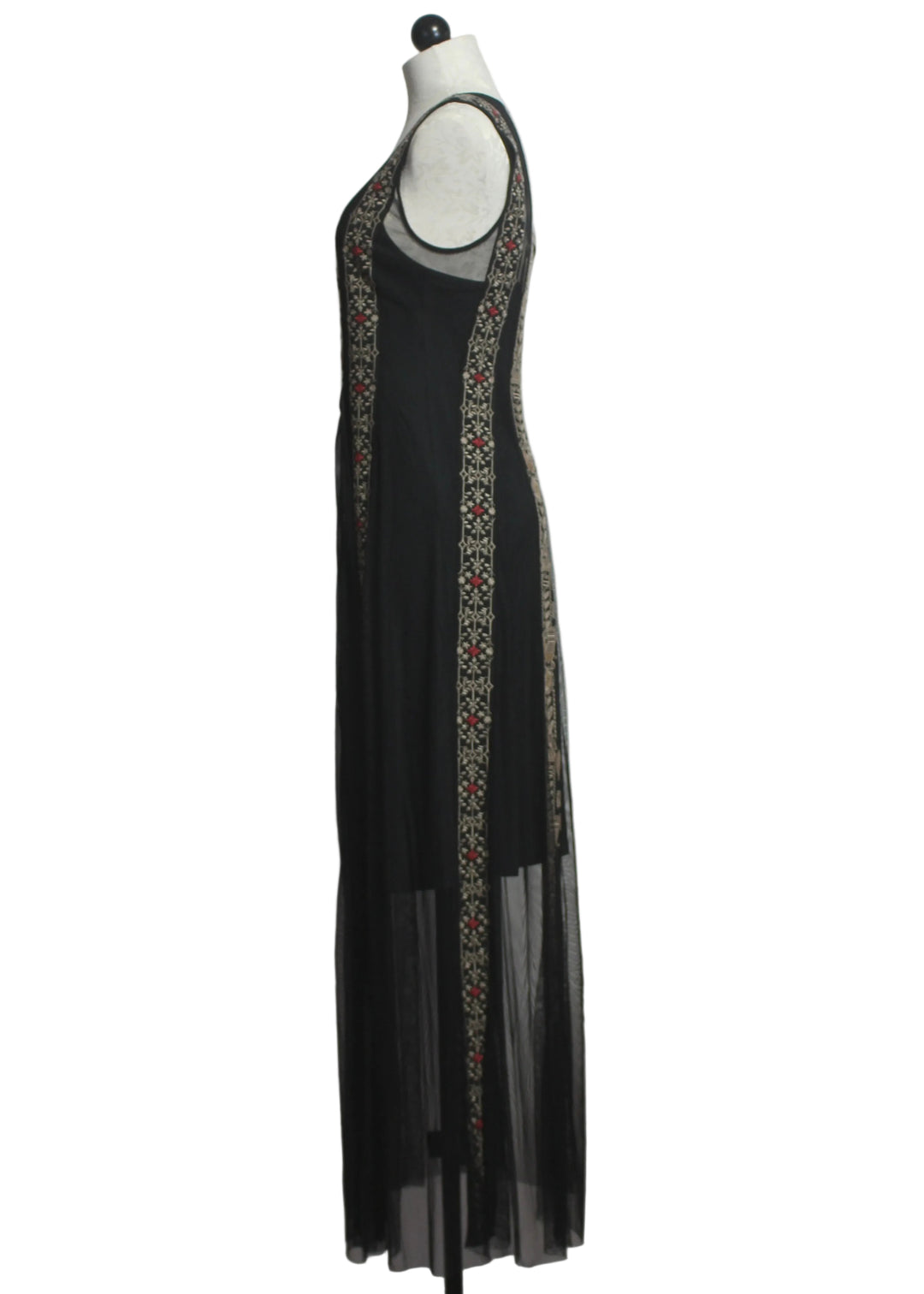 side view of Black Ilenia Maxi Mesh Slip Dress by Johnny Was 