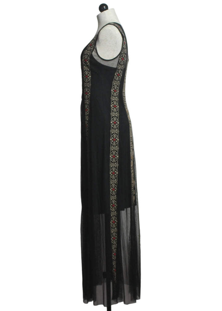 side view of Black Ilenia Maxi Mesh Slip Dress by Johnny Was 