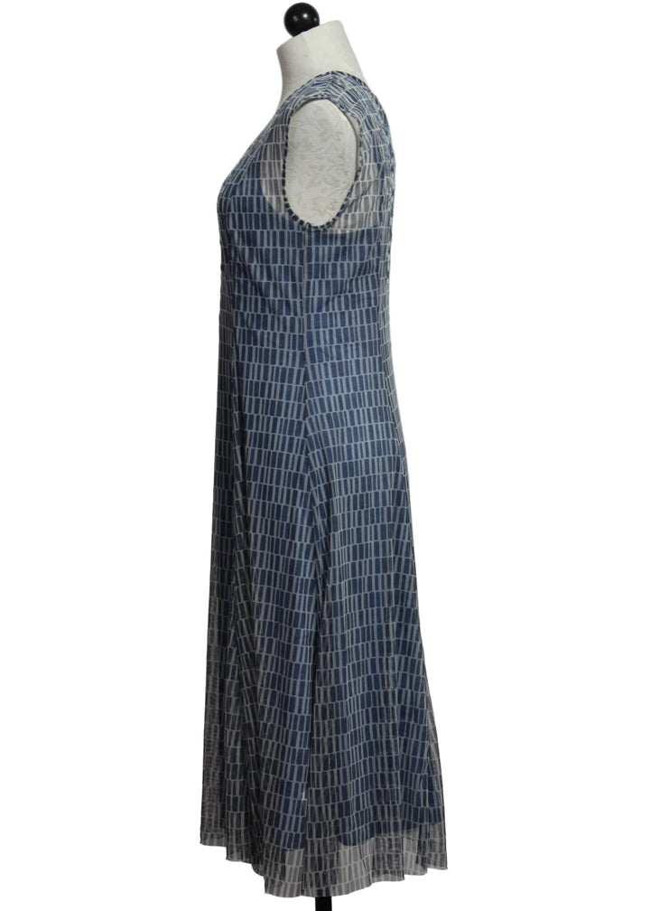 side view of Dorothea Midi Mesh Dress with Slip by Johnny Was in the blue Izumi Print 