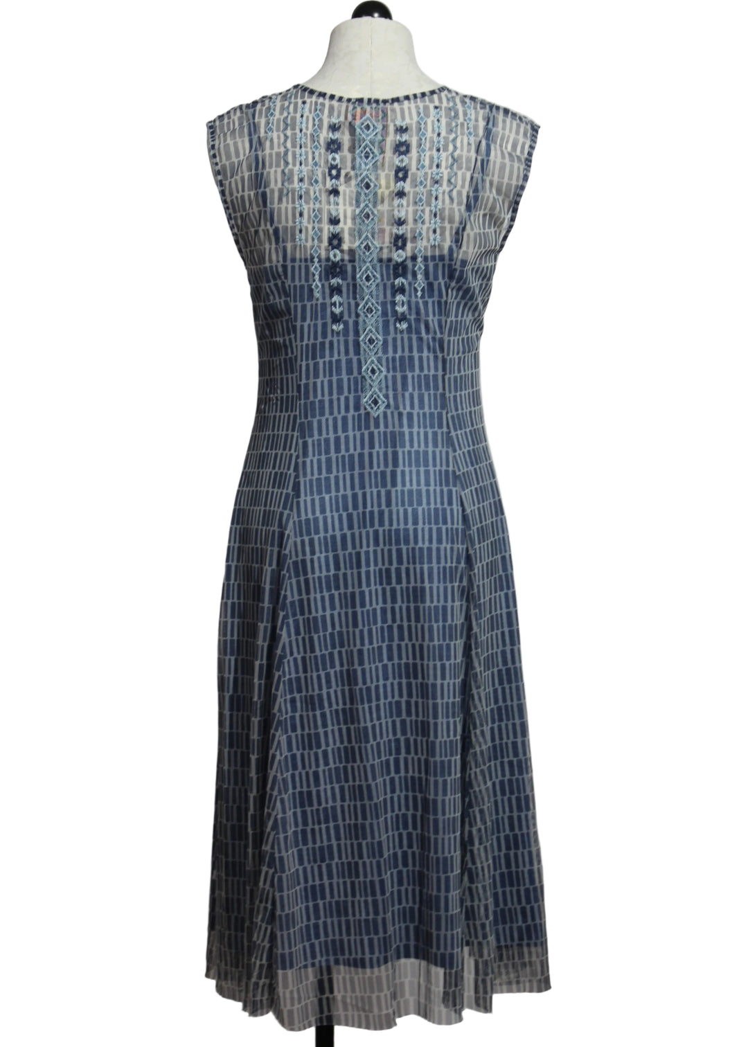 back view of Dorothea Midi Mesh Dress with Slip by Johnny Was in the blue Izumi Print 