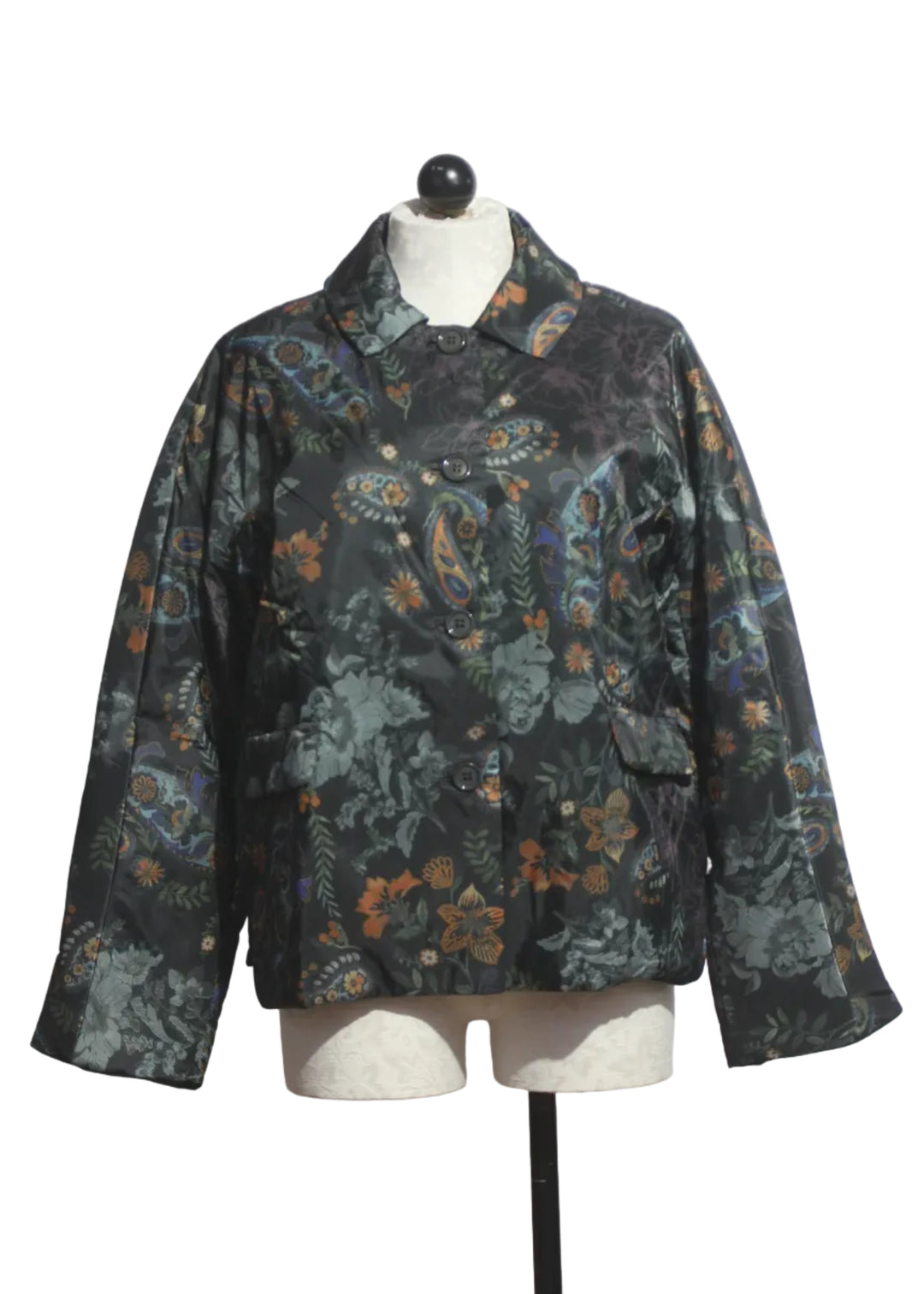 The Lightweight, Packable, Reversible Puffer by Johnny Was in the Solana Scarf Print and Solid Black on the reverse side