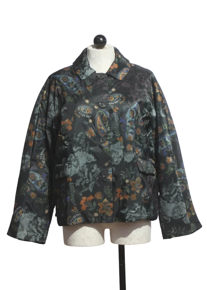 The Lightweight, Packable, Reversible Puffer by Johnny Was in the Solana Scarf Print and Solid Black on the reverse side