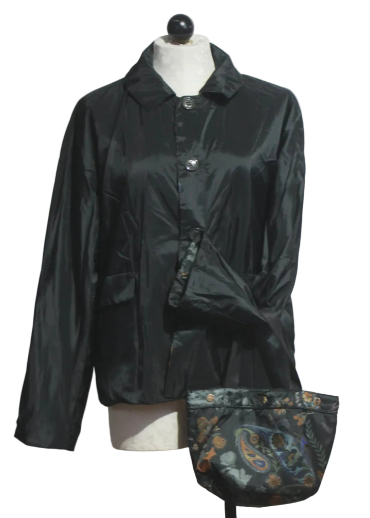 The Lightweight, Packable, Reversible Puffer by Johnny Was in the Solana Scarf Print and Solid Black on the reverse side