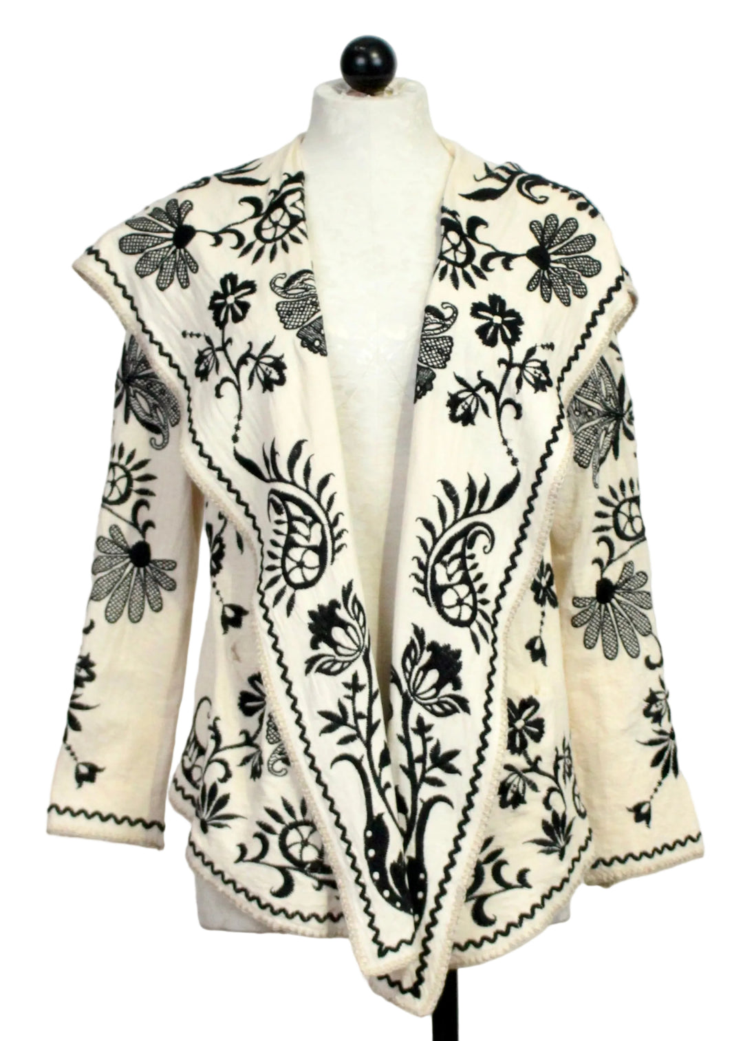 ECRU colored Biya Short Hoodie by Johnny Was with Black Embroidery