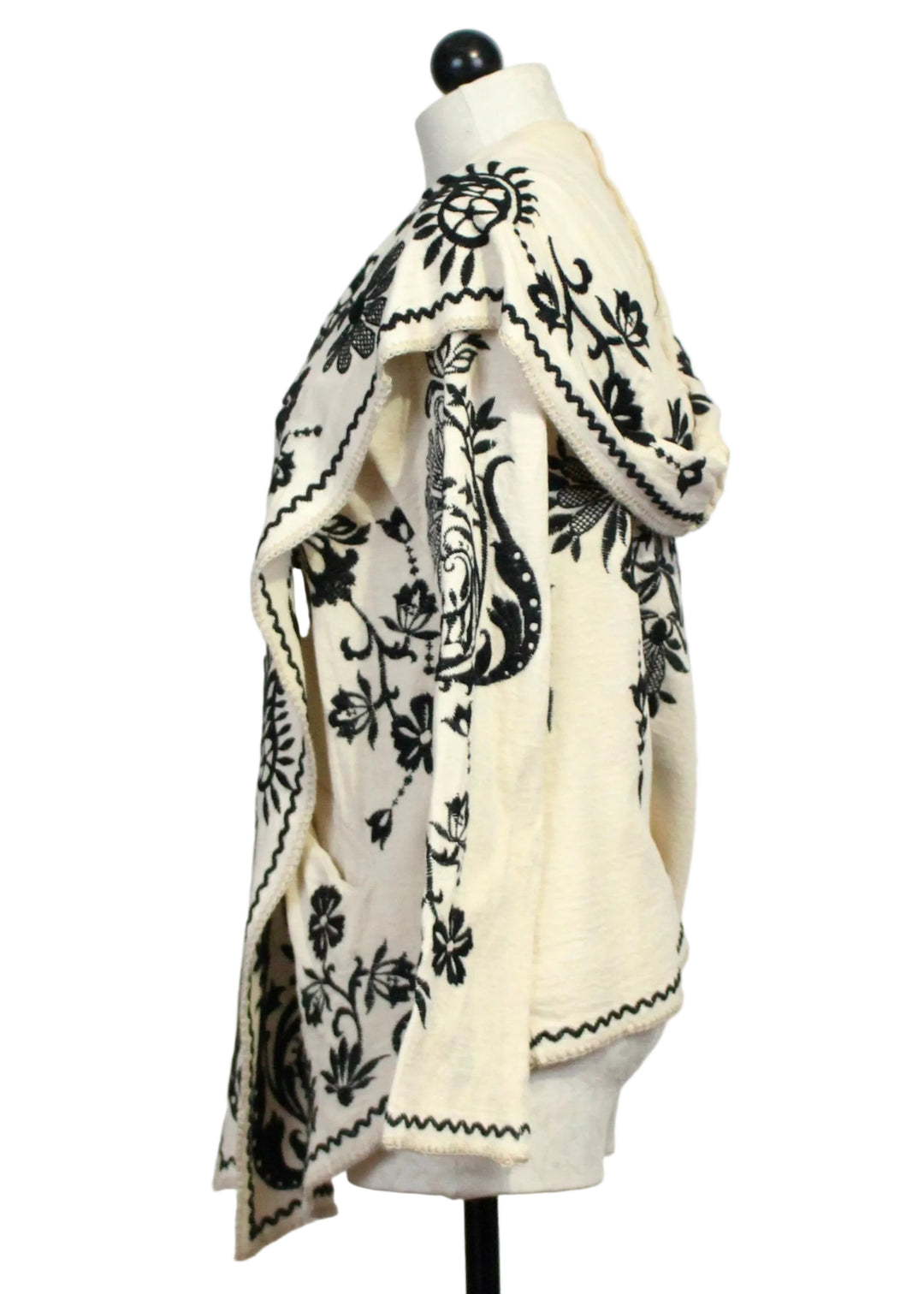 Side view of ECRU colored Biya Short Hoodie by Johnny Was with Black Embroidery