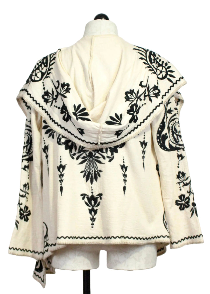 Back view of ECRU colored Biya Short Hoodie by Johnny Was with Black Embroidery