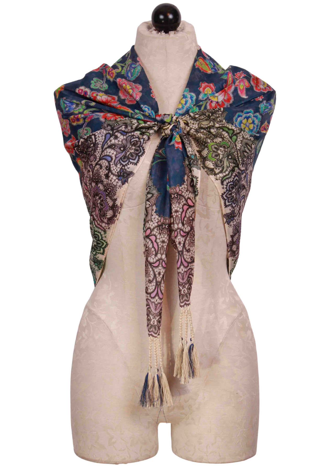 Peppermint Silk Scarf by Johnny Was tied around mannequin