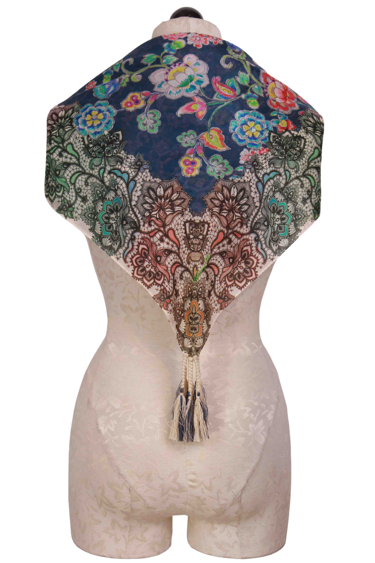 back view of Peppermint Silk Scarf by Johnny Was tied around mannequin