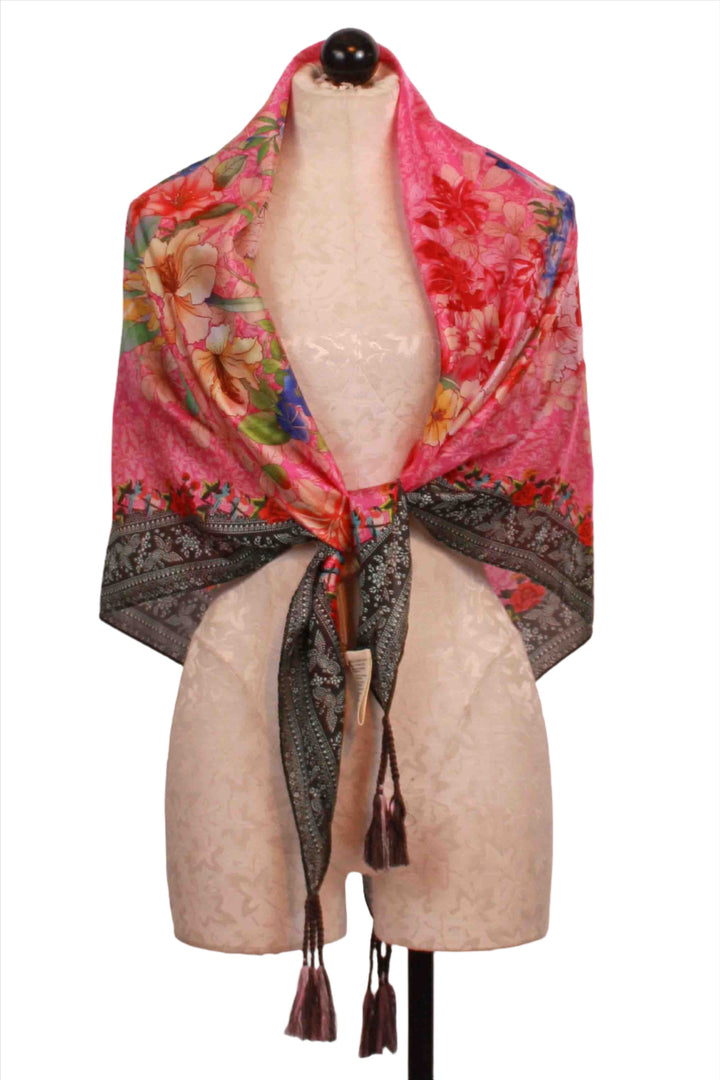 Floral Multi Silk Frame Scarf by Johnny Was tied in the front