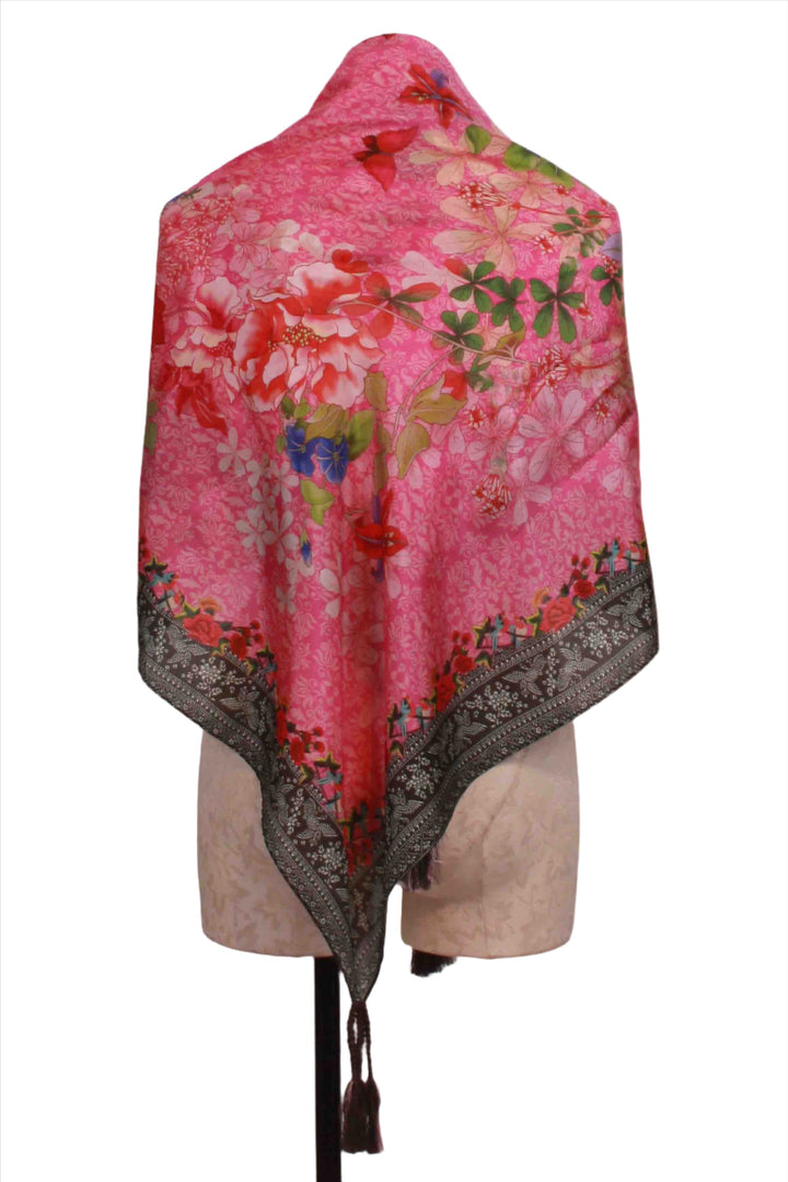 back view of Floral Multi Silk Frame Scarf by Johnny Was tied in the front