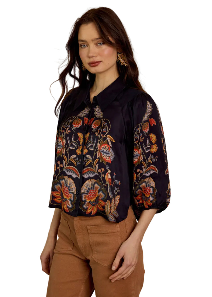 side view of model wearing the Juliette Top in Bush Paradise by Caballero