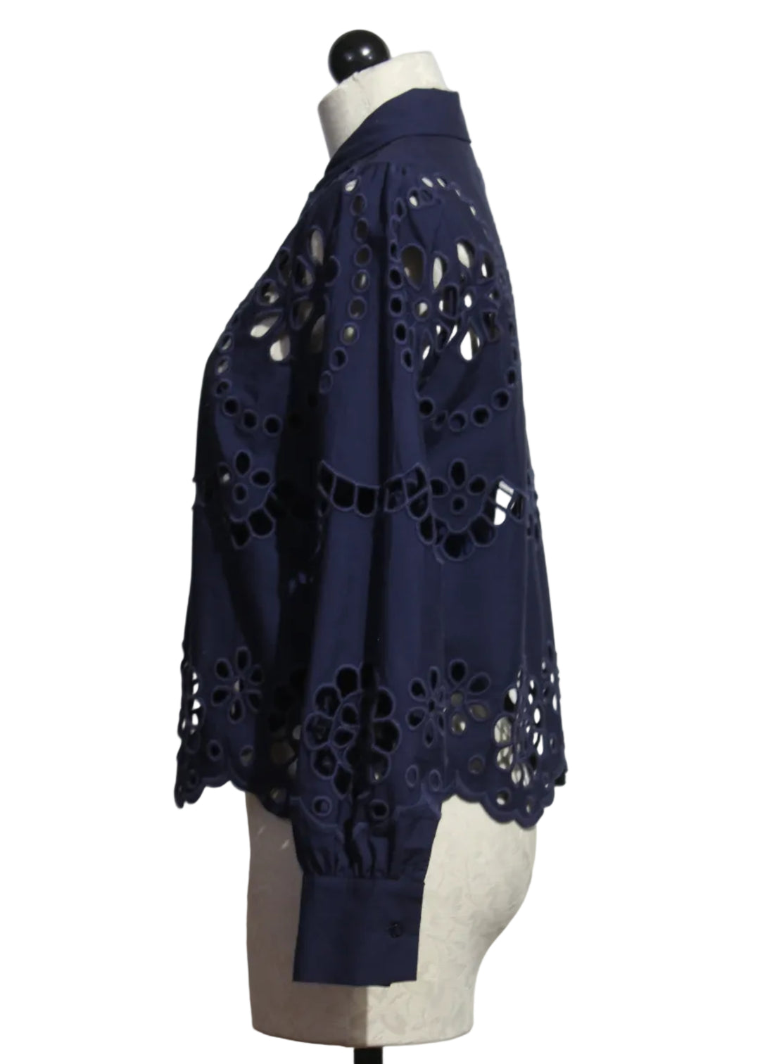 side view of Navy Emmie Long Sleeve Eyelet Top by Caballero