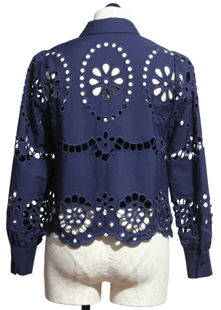 back view of Navy Emmie Long Sleeve Eyelet Top by Caballero