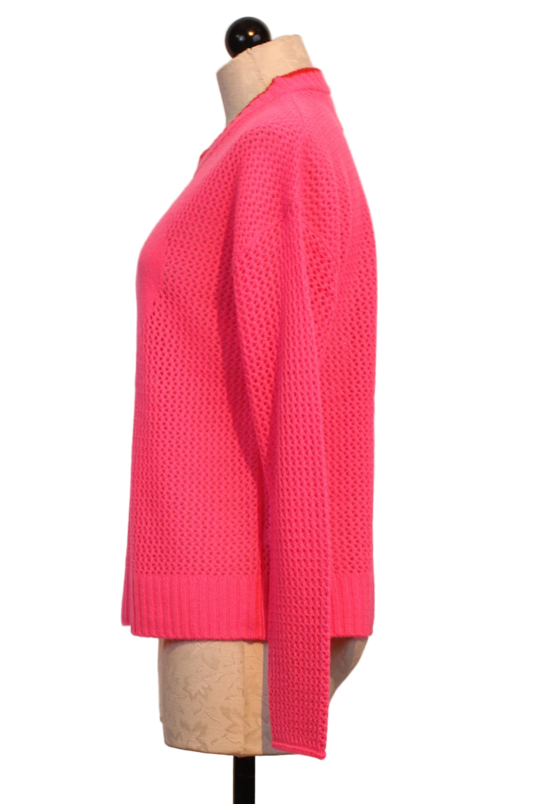 side view of Neon Pink Open for Love Sweater by Lisa Todd