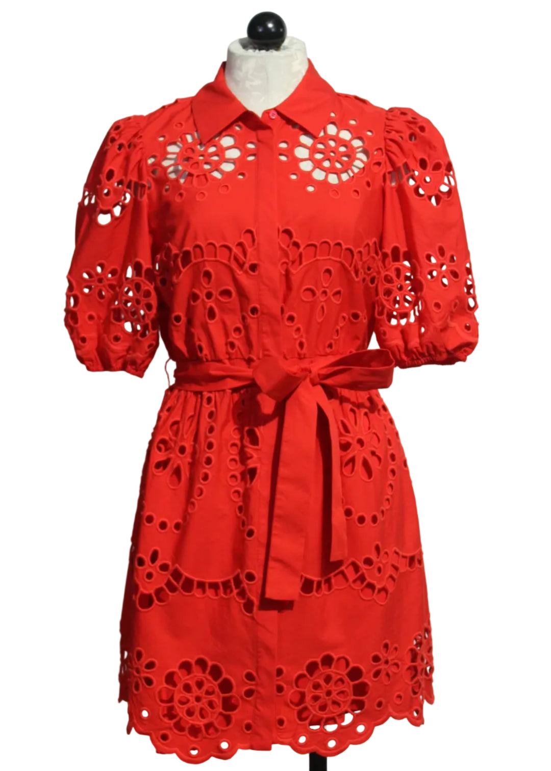 Poppy Red Eloise Short Sleeve Belted Eyelet Dress by Caballero