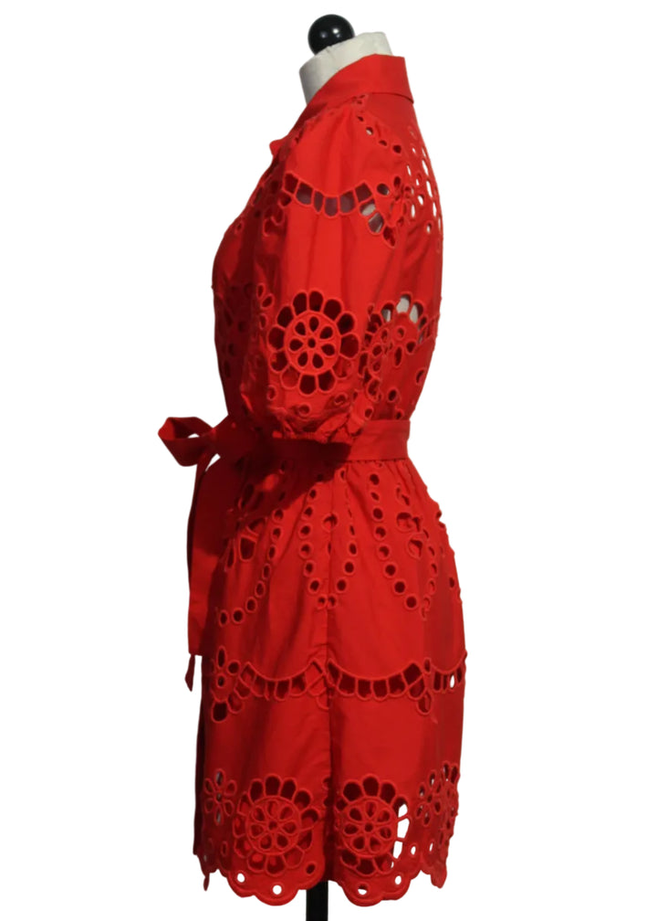 side view of Poppy Red Eloise Short Sleeve Belted Eyelet Dress by Caballero