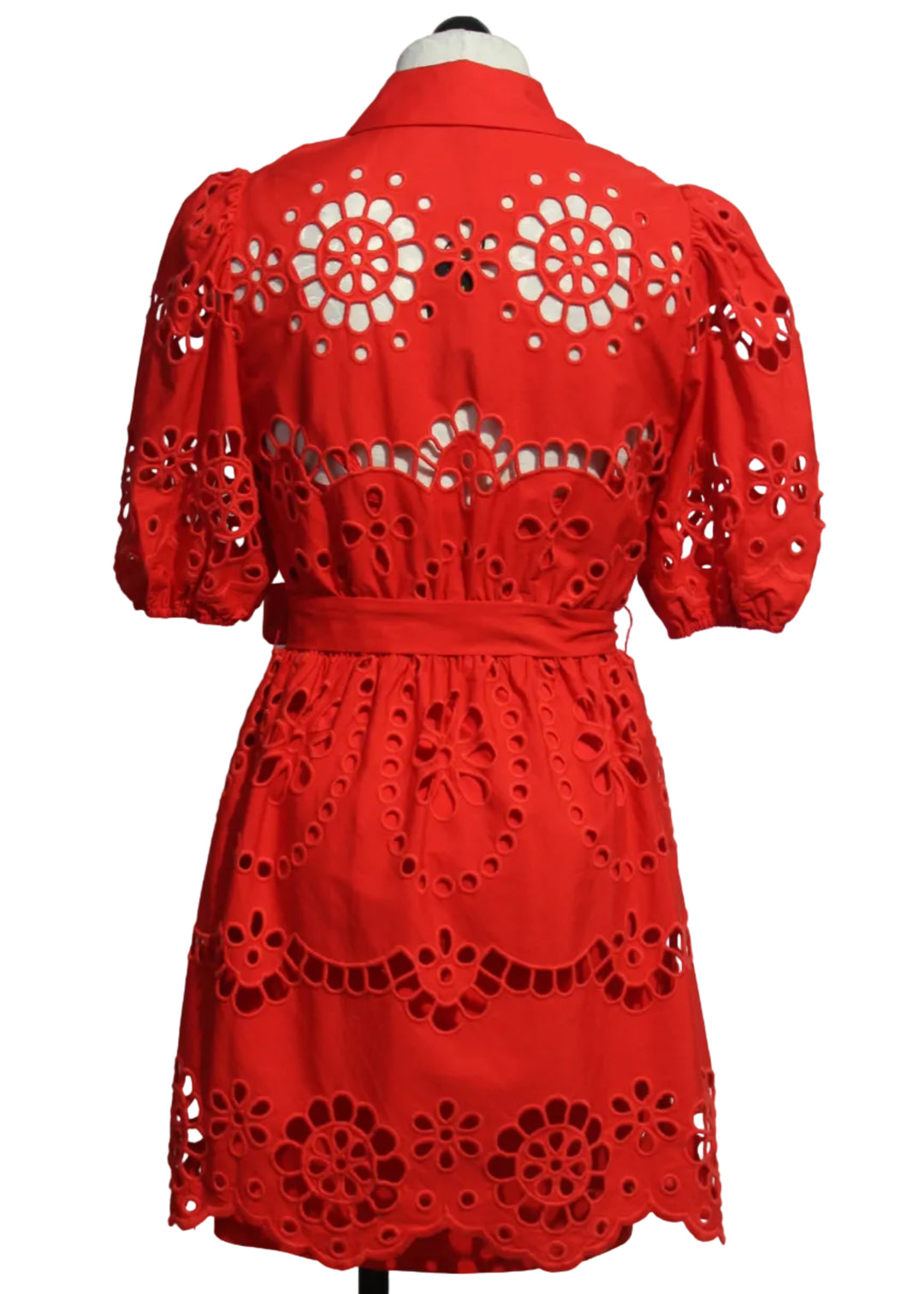 back view of Poppy Red Eloise Short Sleeve Belted Eyelet Dress by Caballero