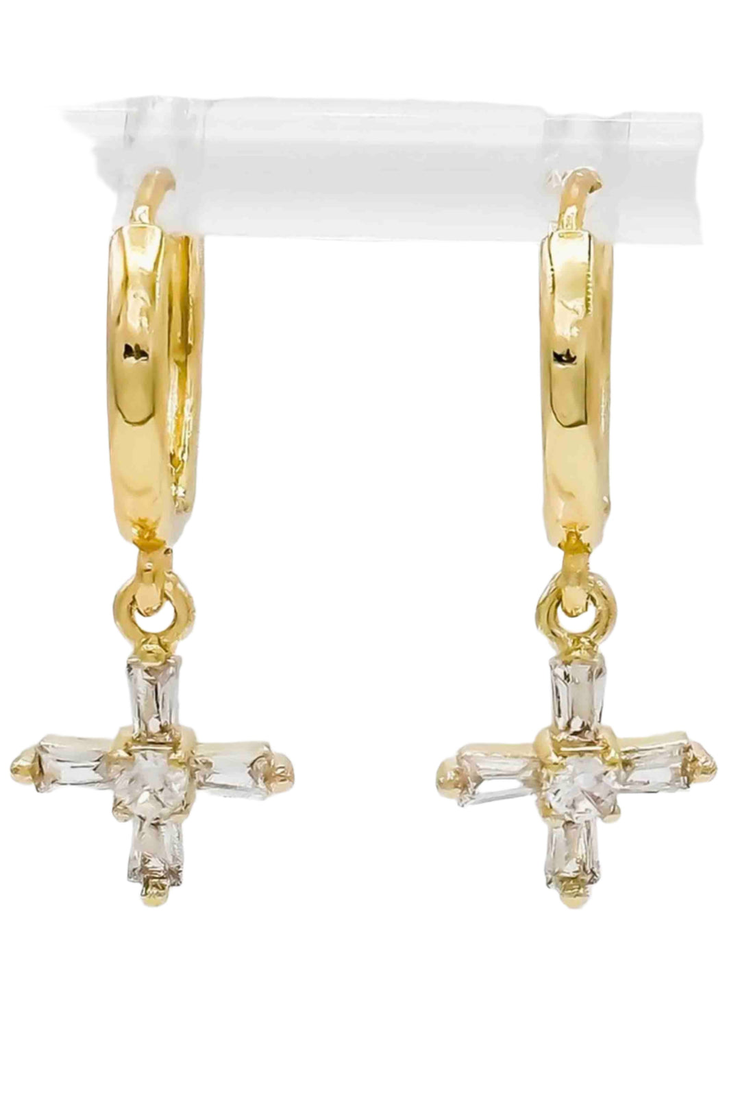 Caroline Huggie Hoop Earring by Jonesy Wood with a dangling cubic zirconia Cross