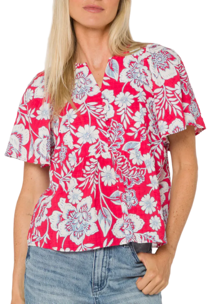Raspberry Floral Garden Print Quency Floral Butterfly Sleeve Top by Velvet Heart