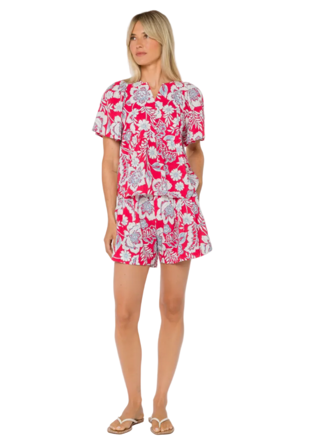 Raspberry Floral Garden Donald Pull-On Floral Printed Shorts by Velvet Heart  paired with the Quency Floral Butterfly Sleeve Top in Raspberry Floral Bouquet Garden by Velvet Heart