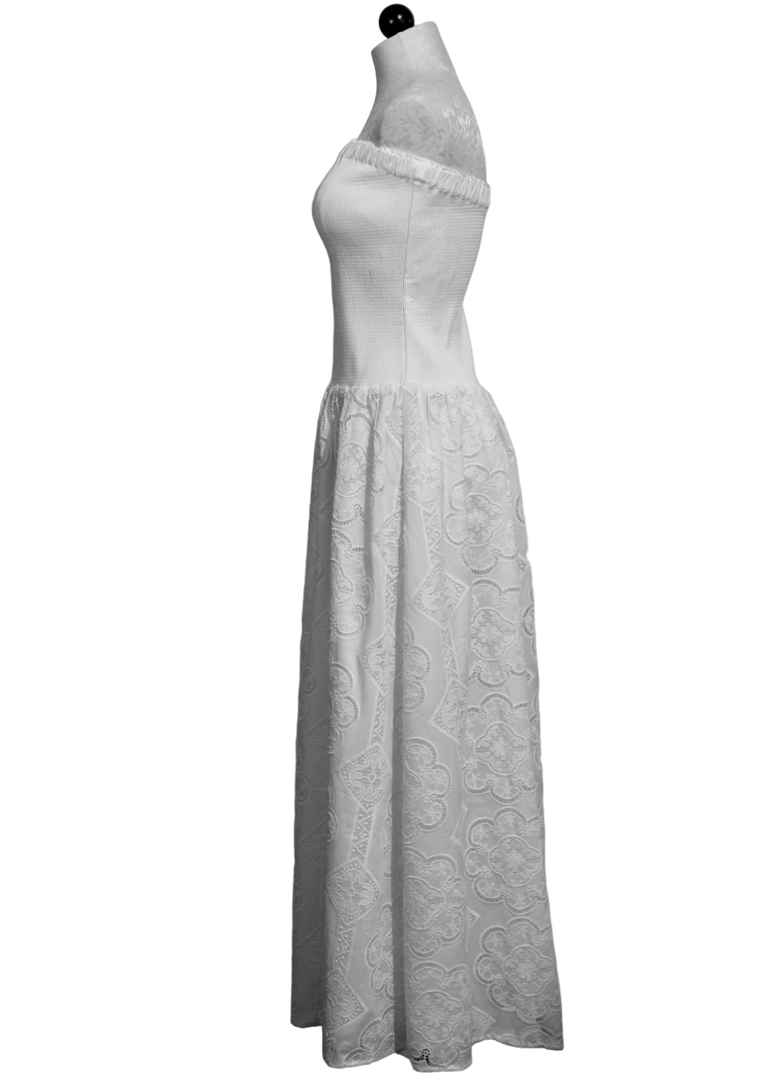 side view of White Strapless Kate Maxi Dress by BTB Los Angeles