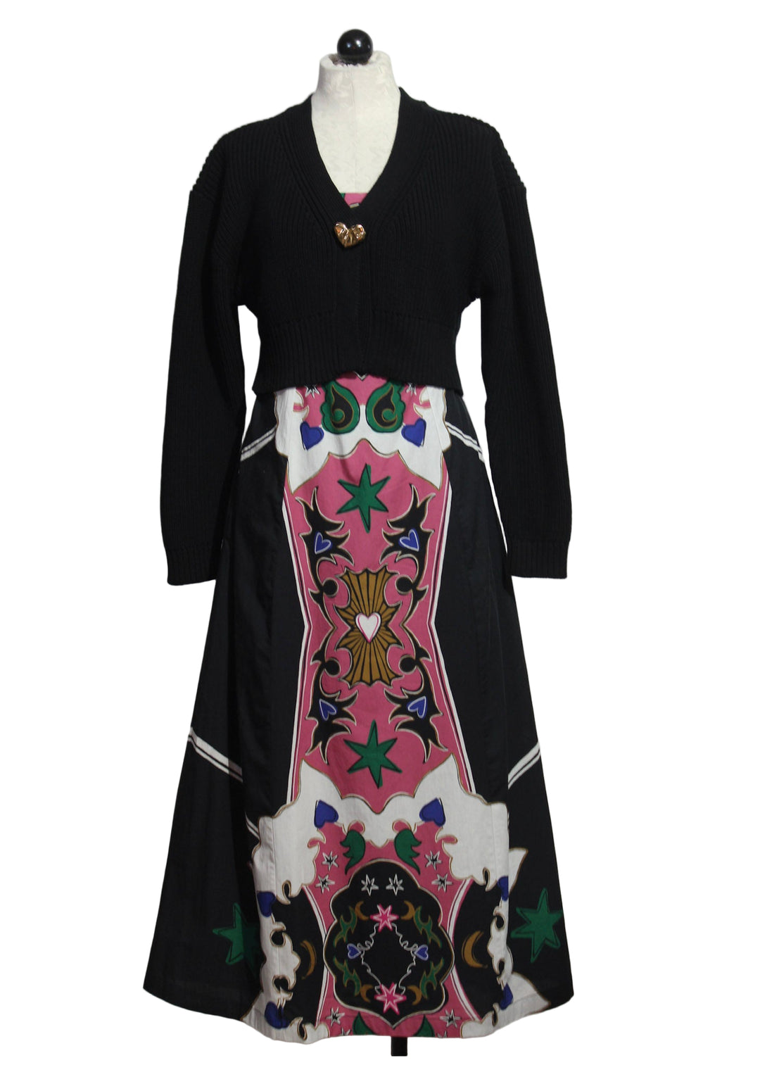 Yelena Ankle Dress by Cleobella in the Estelar print paired with the Black Heart Sweater by Cleobella