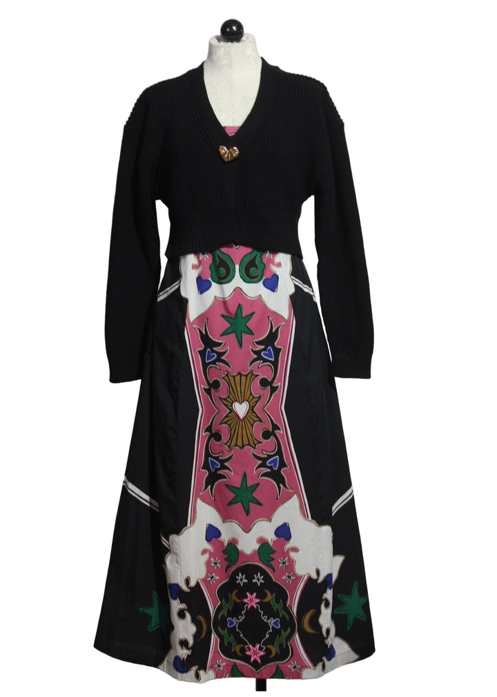 Yelena Ankle Dress by Cleobella in the Estelar print paired with the Black Heart Sweater by Cleobella