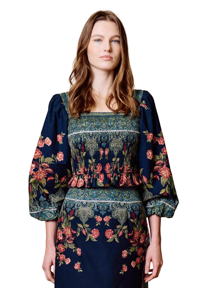 model wearing the Katerina Top by Cleobella in the Eglantine Print