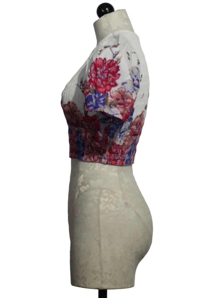 side view of Floral Rya Smocked Top by Cleobella with Blouson Sleeves in the Camellia Print