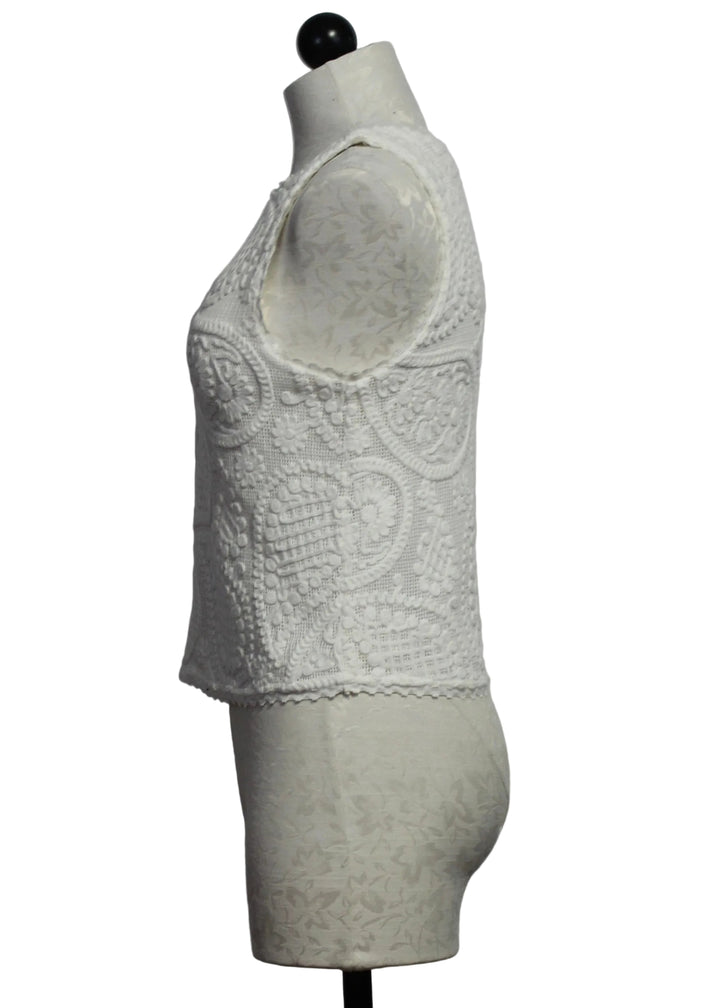 side view of White Sleeveless Crocheted Emiko Top by Cleobella