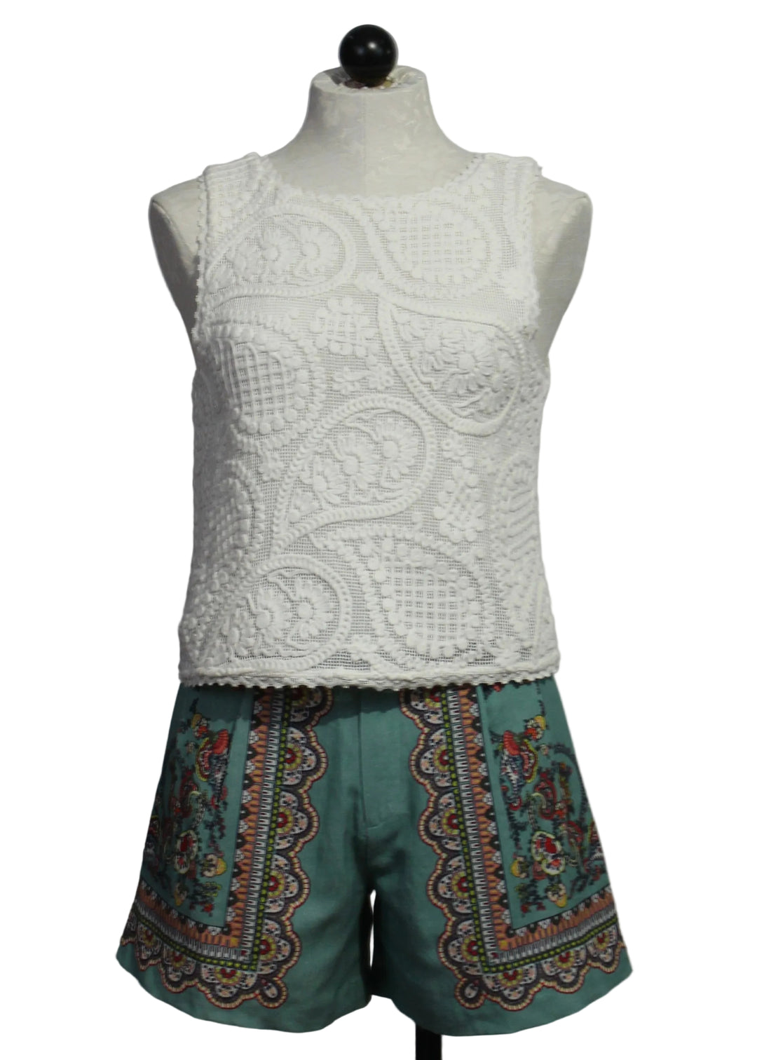 White Sleeveless Crocheted Emiko Top by Cleobella paired with the Sebastian Short in Bleura Print by Cleobella