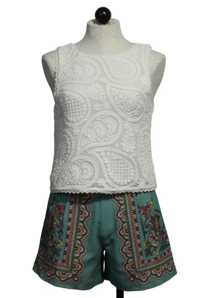 White Sleeveless Crocheted Emiko Top by Cleobella paired with the Sebastian Short in Bleura Print by Cleobella