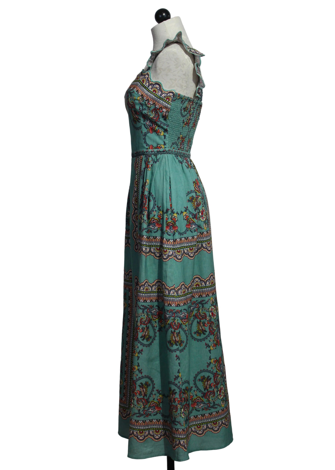 side view of Veronique Ankle Dress by Cleobella in the Bleura Print