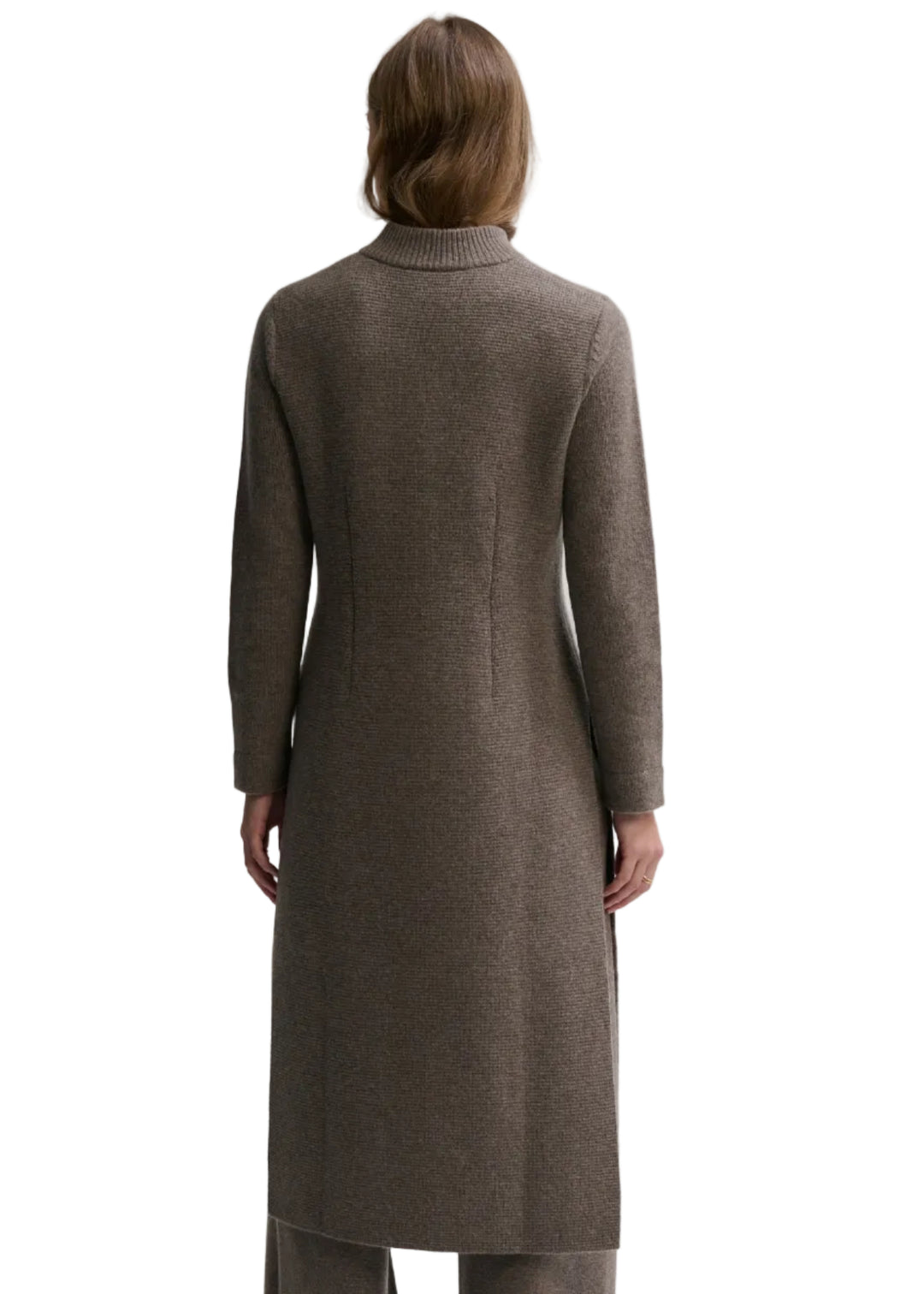 back view of model wearing the PORTOBELLA colored Imperial Sweater Coat by Margaret Oleary