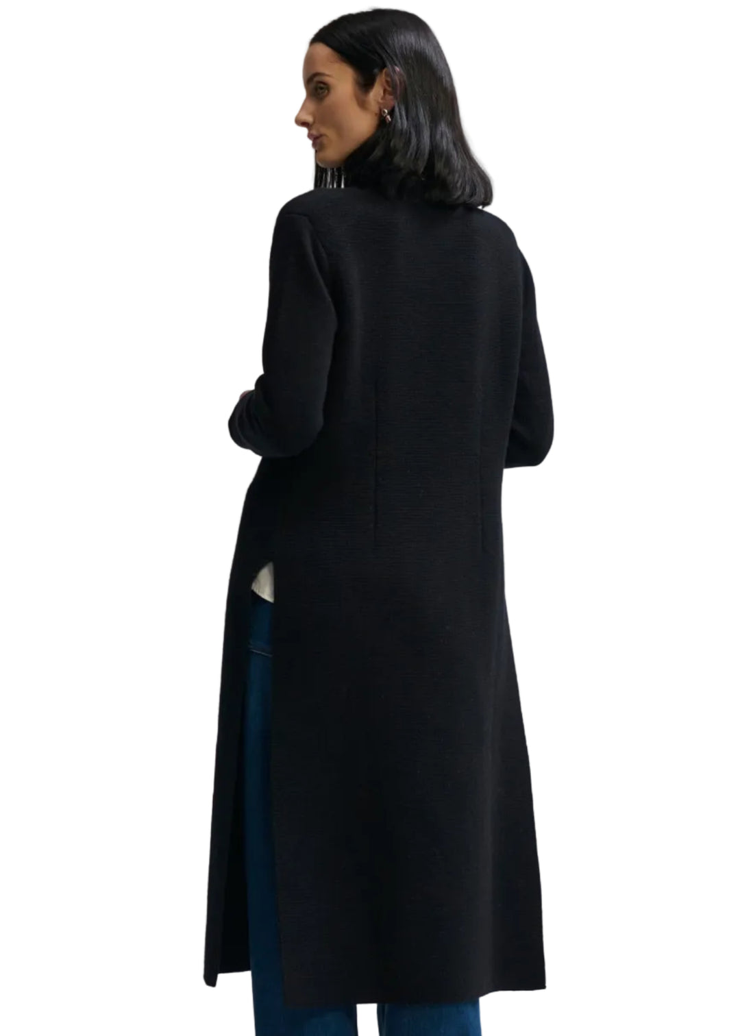 back view of model wearing the BLACK colored Imperial Sweater Coat by Margaret Oleary