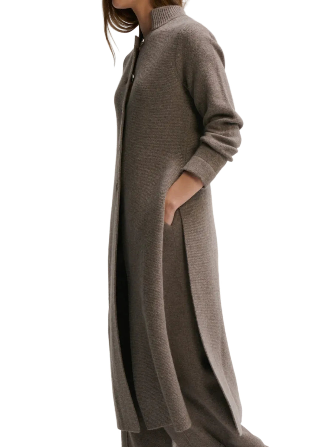 side view of model wearing the PORTOBELLA colored Imperial Sweater Coat by Margaret Oleary
