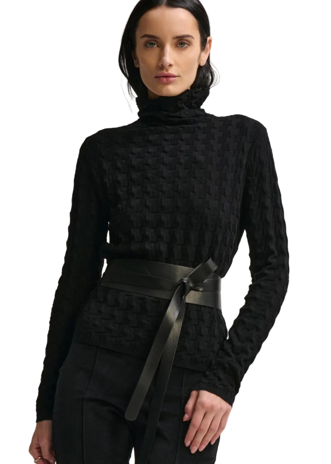 model wearing the Black colored 3D TNECK by Margaret O&