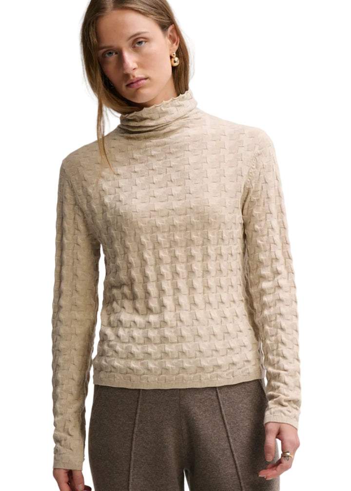 model wearing the ALMOND colored 3D TNeck Top by Margaret O&