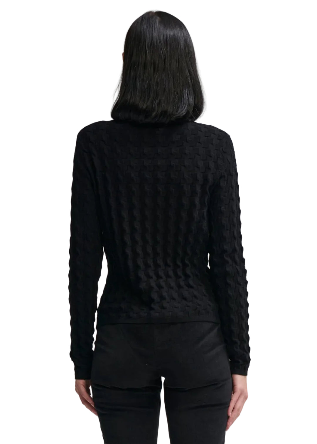 back view of model wearing the Black colored 3D TNECK by Margaret O&
