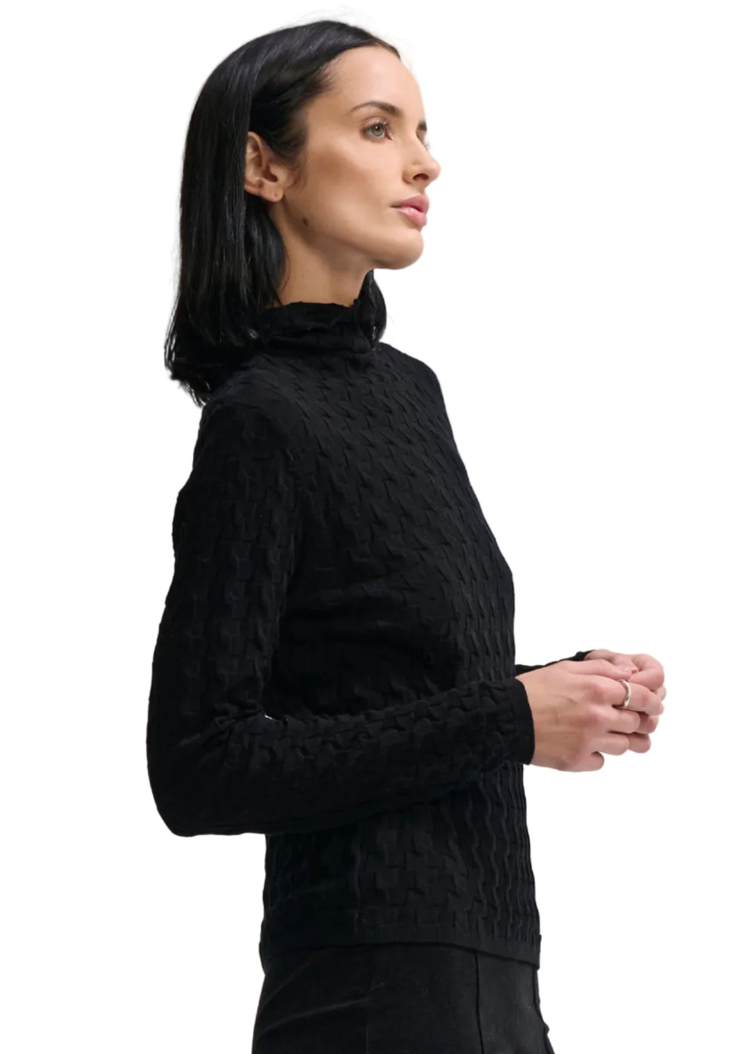 Side view of model wearing the Black colored 3D TNECK by Margaret O&