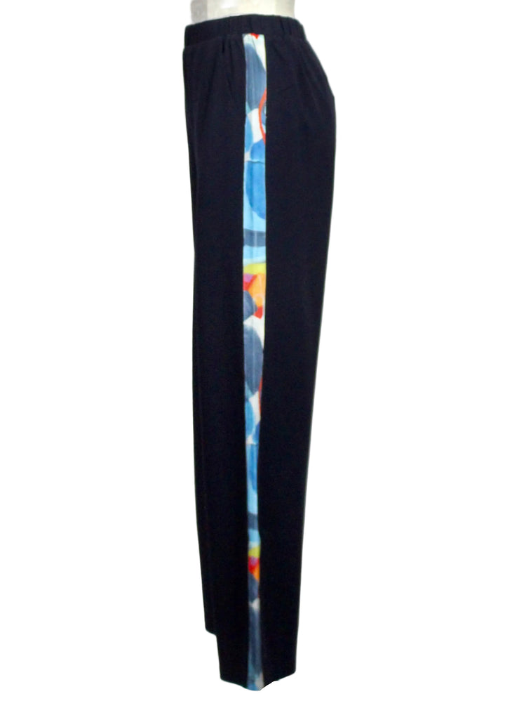 Side view of Navy Pant with Insatiable Print, Striped Sides by Claire Desjardins