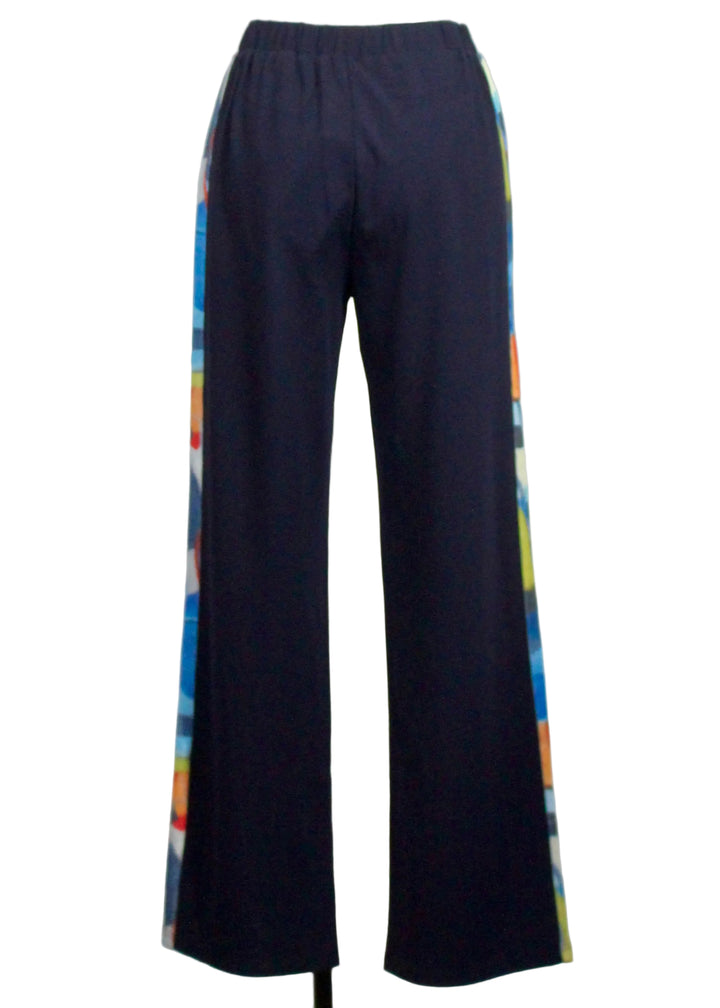 Back view of Navy Pant with Insatiable Print, Striped Sides by Claire Desjardins