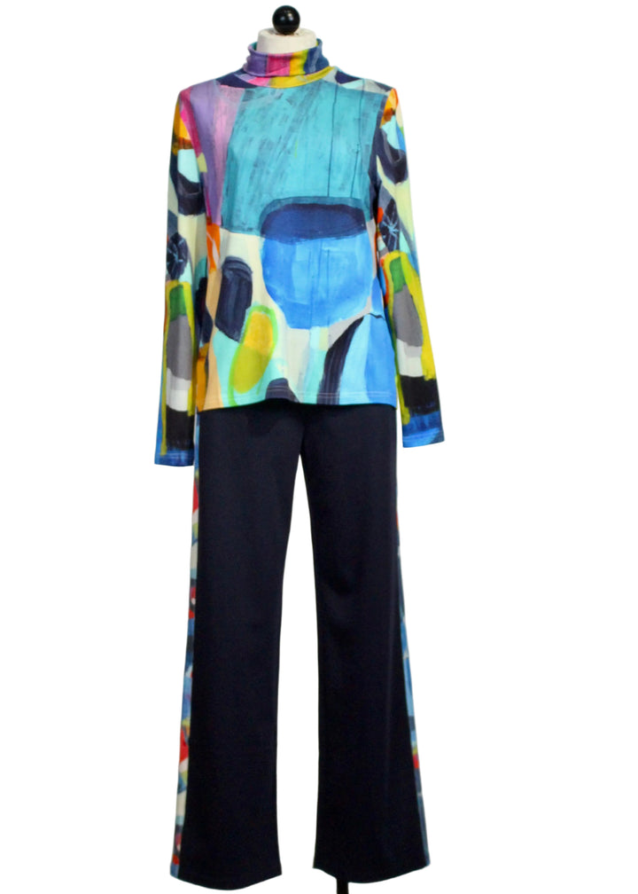 Turtleneck in the Insatiable Print by Claire Desjardins paired with the matching Navy Pant with the Insatiable Print Stripe Sides by Clare Desjardins