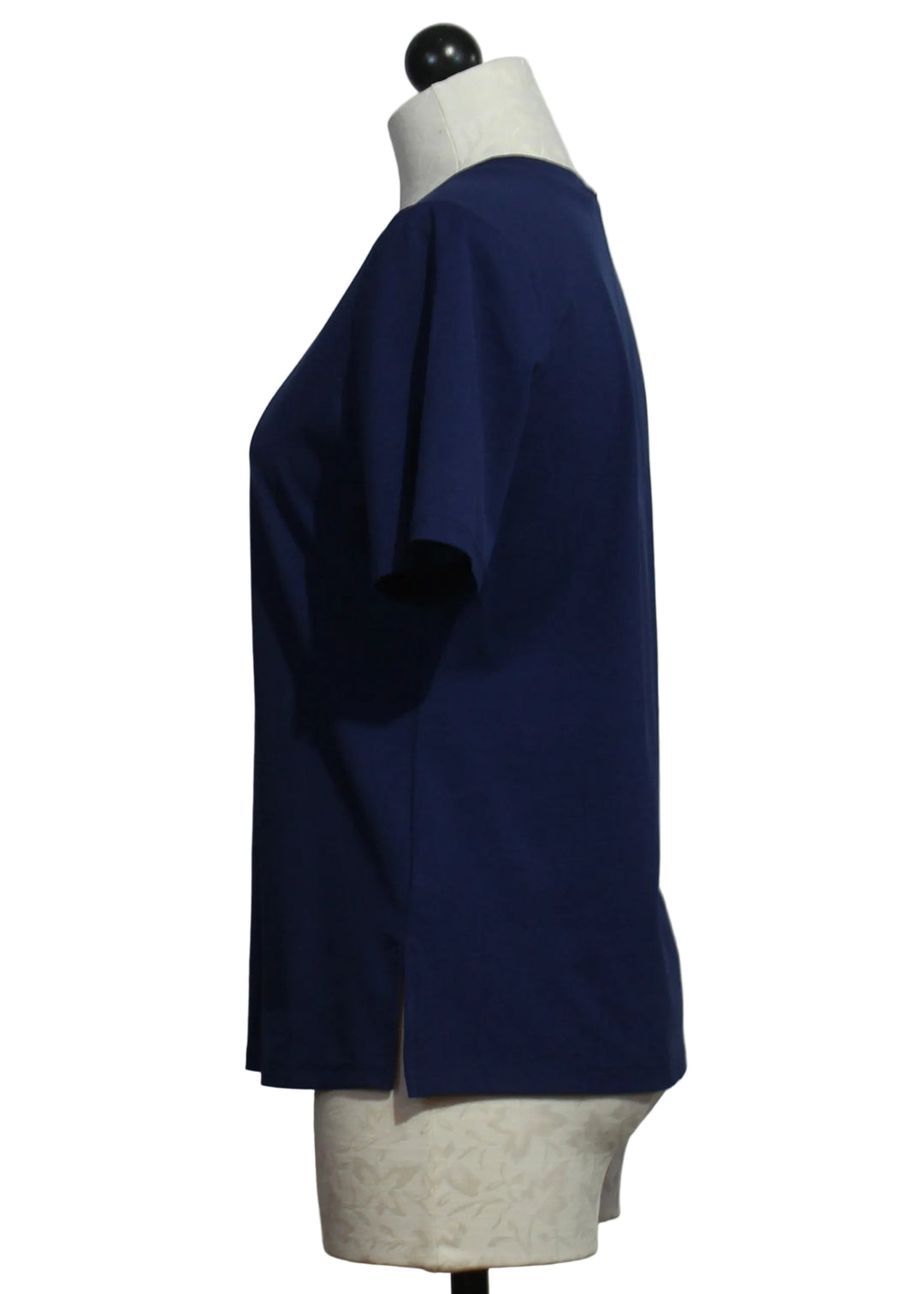 side view of Navy Short Sleeve Crew Neck Tee by Claire Desjardins 
