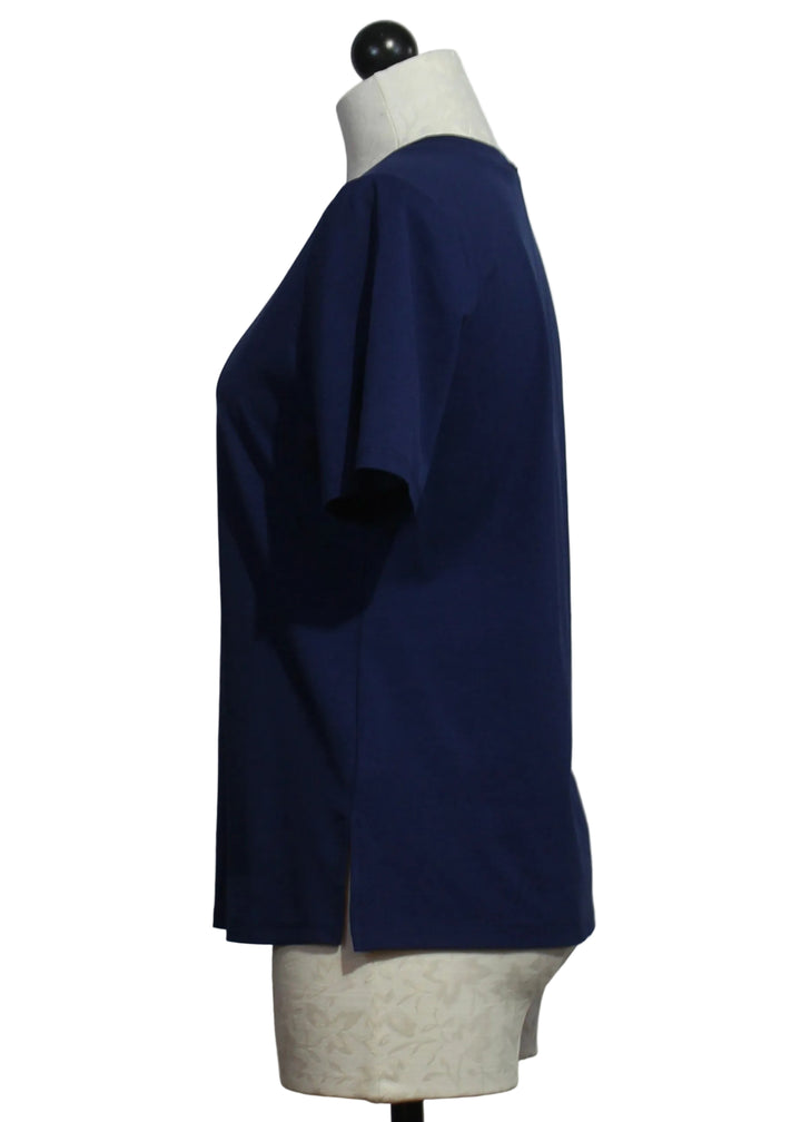 side view of Navy Short Sleeve Crew Neck Tee by Claire Desjardins 